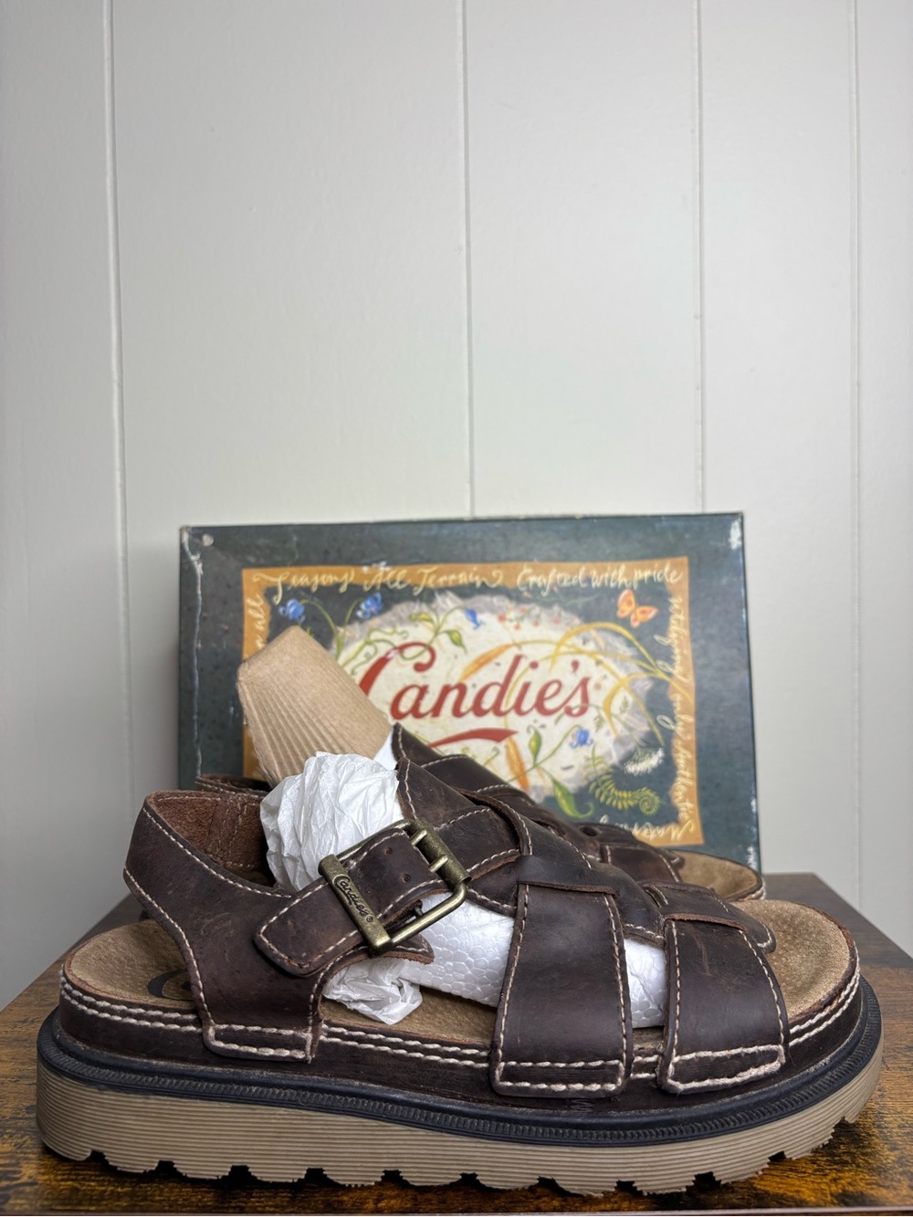 Vintage Candie’s Fisherman Platform Sandals Womens Brown Leather Y2K Size 8.5